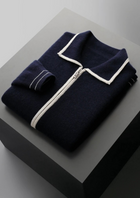 Pure Extra-Fine Merino Wool Two-Tone Polo Cardigan